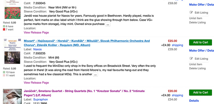Screenshot showing some of the records Steve Bowbrick is selling on Discogs