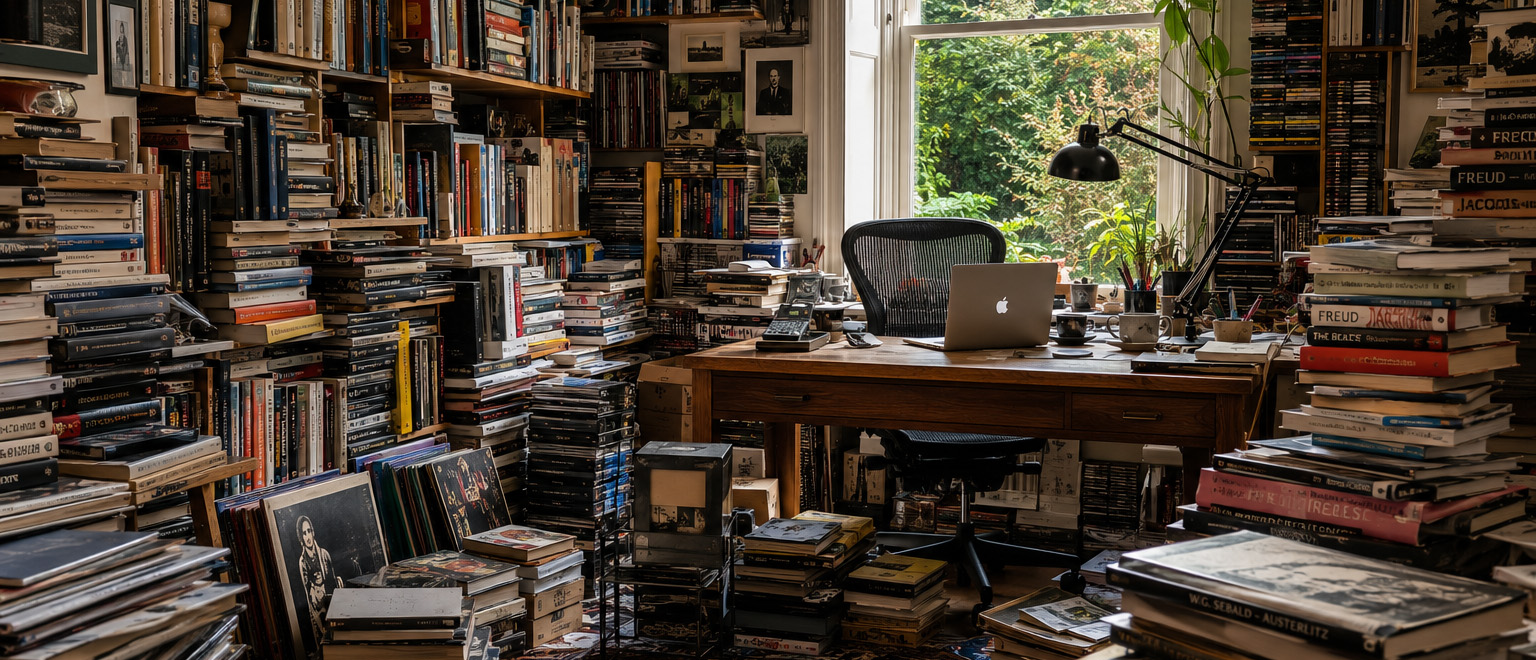 a sunlit study full of books and other media - image generated by ChatGPT